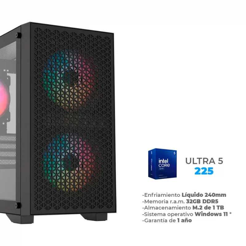 Flat - Ultra 5 225, 32GB RAM DDR5, 1TB M.2 NVME, Wifi 6E, BT, Enfriamiento Líquido de 240mm