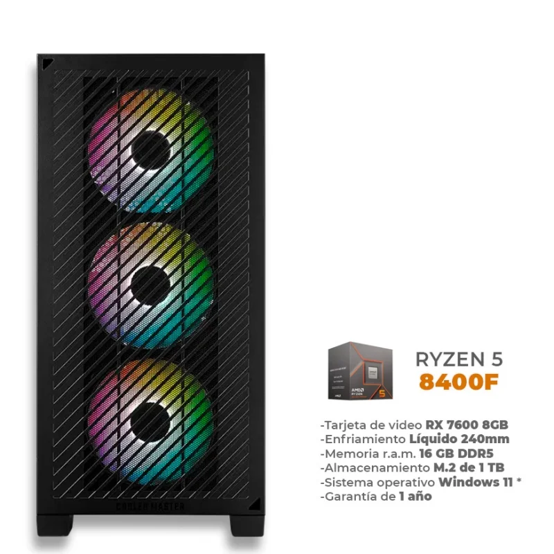 Zaya - Ryzen 5 8400F, RX 7600 8GB GDDR6, 16GB RAM DDR5, 1TB M.2 NVME, Wifi 6, Enfriamiento Líquido 240mm
