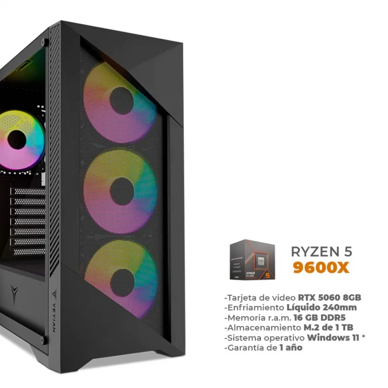 Kimetsu - Ryzen 5 9600X, RTX 5060 8GB GDDR7, 16GB RAM DDR5, 1TB M.2 Nvme, Wifi 6, BT, Enfriamiento Líquido 240mm