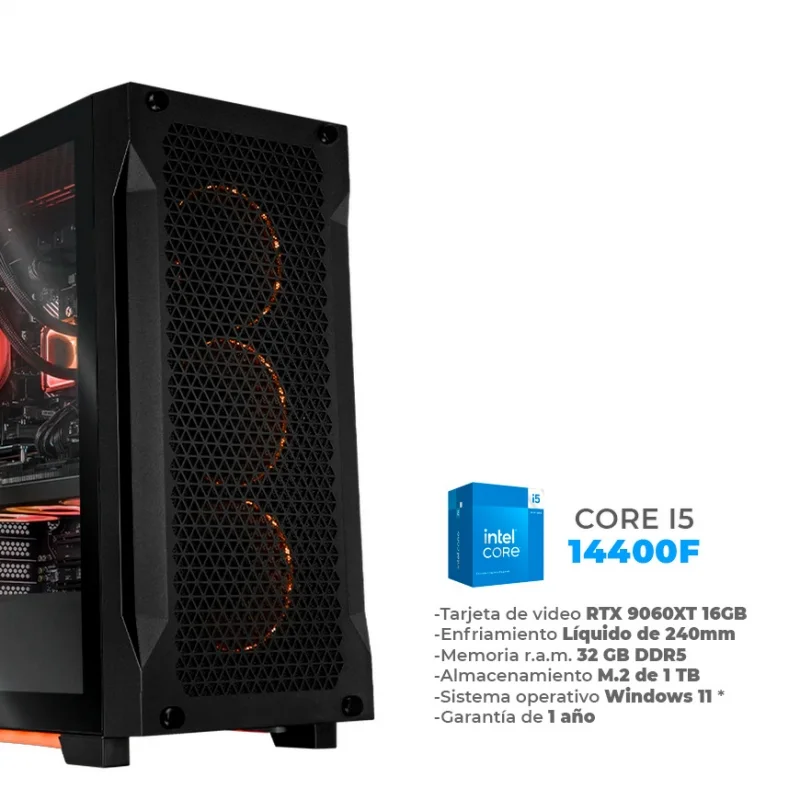 Loot - Core i5 14400F, RX 9060XT 16GB, 32GB RAM DDR5, 1TB M.2 NVME, Wifi 6, BT, Enfriamiento Líquido 240mm