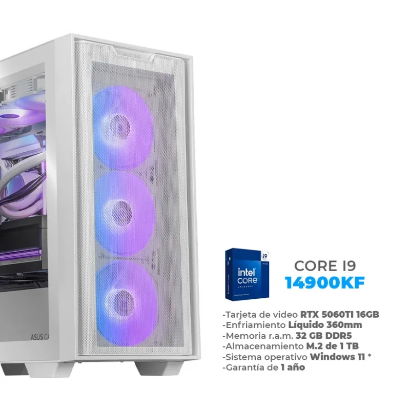 Nox - Core i9 14900KF, RTX 5060 TI 16GB, 32GB RAM DDR5, 1TB M.2 NVME, Wifi 6, BT, Enfriamiento Líquido de 360mm