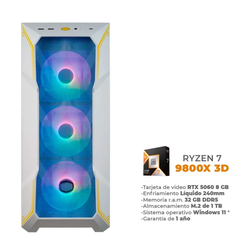 Rage - Ryzen 7 9800X 3D, RTX 5060 8GB, 32GB RAM DDR5, 1TB M.2 NVME, Enfriamiento Líquido de 240mm