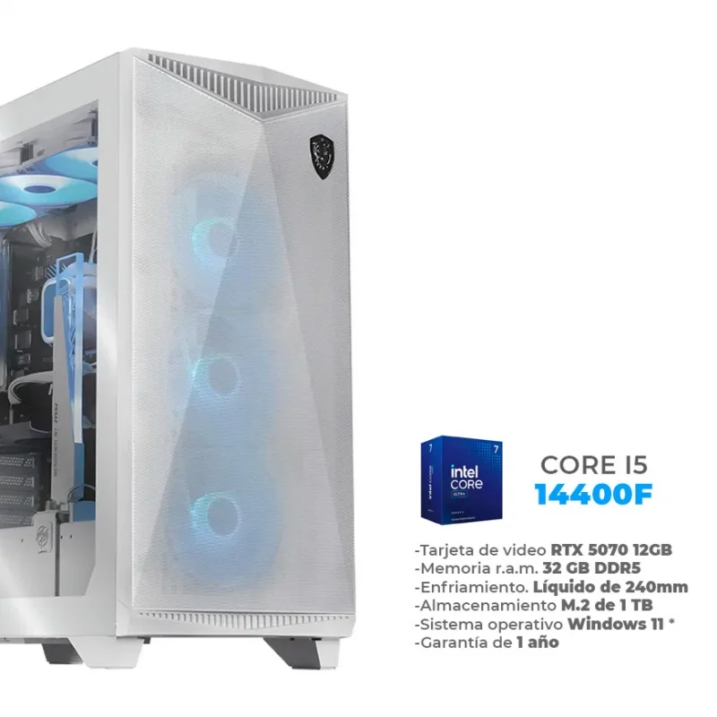 Mistic - Core i5 14400F, RTX 5070 12GB, 32GB RAM DDR5, 1TB M.2 NVME, Enfriamiento Líquido de 240mm