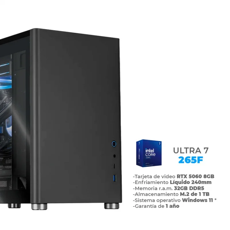 Raynor - Ultra 7 265F, RTX 5060 8GB, 32GB RAM DDR5, 1TB M.2 NVME, Wifi 6E, BT, Enfriamiento Líquido de 240mm