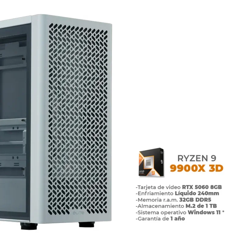 Ghost - Ryzen 9 9900X 3D, RTX 5060 8GB, 32GB RAM DDR5, 1TB M.2 NVME, Wifi 6E, BT, Enfriamiento Líquido de 240mm
