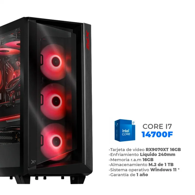 Atrox - Core i7 14700F, RX9070XT 16GB, 16GB RAM DDR5, 1TB M.2 NVME, Wifi 6, BT, Enfriamiento Líquido de 240mm