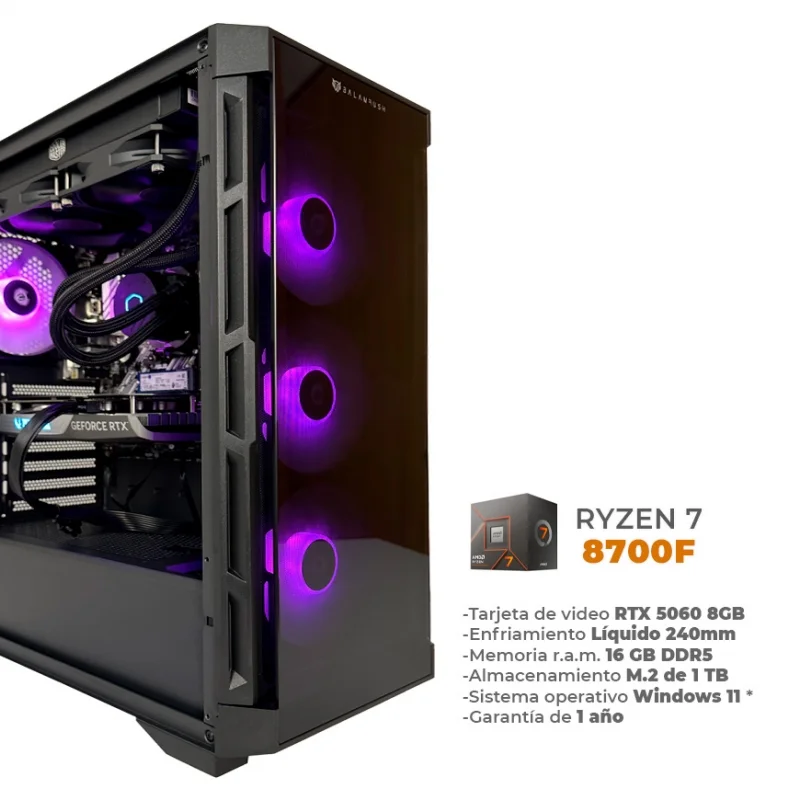 Nen V3 - Ryzen 7 8700F, RTX 5060 8GB GDDR7, 16GB RAM DDR5, 1TB M.2 Nvme, Wifi 6, BT, Enfriamiento Líquido 240mm