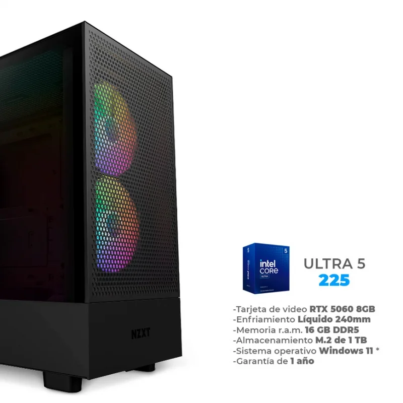 Plex - Core Ultra 5 225, RTX 5060 8GB GDDR7, 16GB RAM DDR5, 1TB M.2 Nvme, Wifi 6, BT, Enfriamiento Líquido 240mm