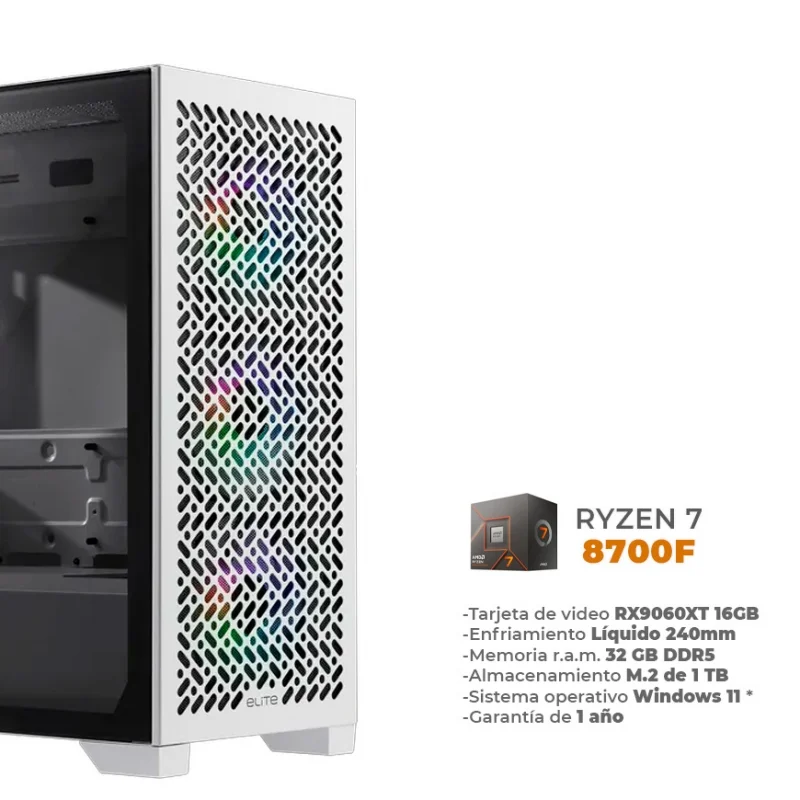 Bhur - Ryzen 7 8700F, RX9060XT 16GB, 32GB RAM DDR5, 1TB M.2 NVME, Enfriamiento Líquido de 240mm