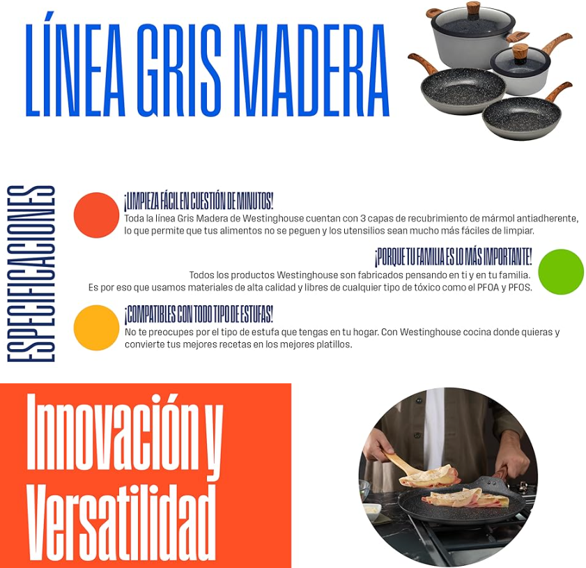 Westinghouse Sartén Antiadherente de Mármol Gris Madera 30 cm (WCFP0032030MBB)