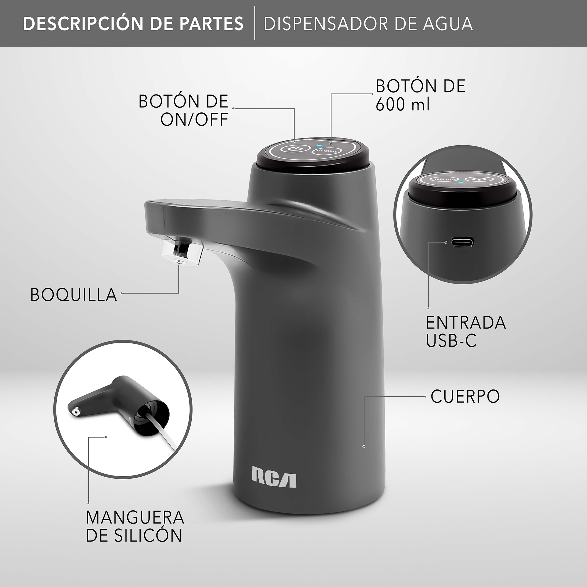 RCA Dispensador de Agua RC-WD2 Eléctrico, Compatible con Garrafón, Función de 600 ml.