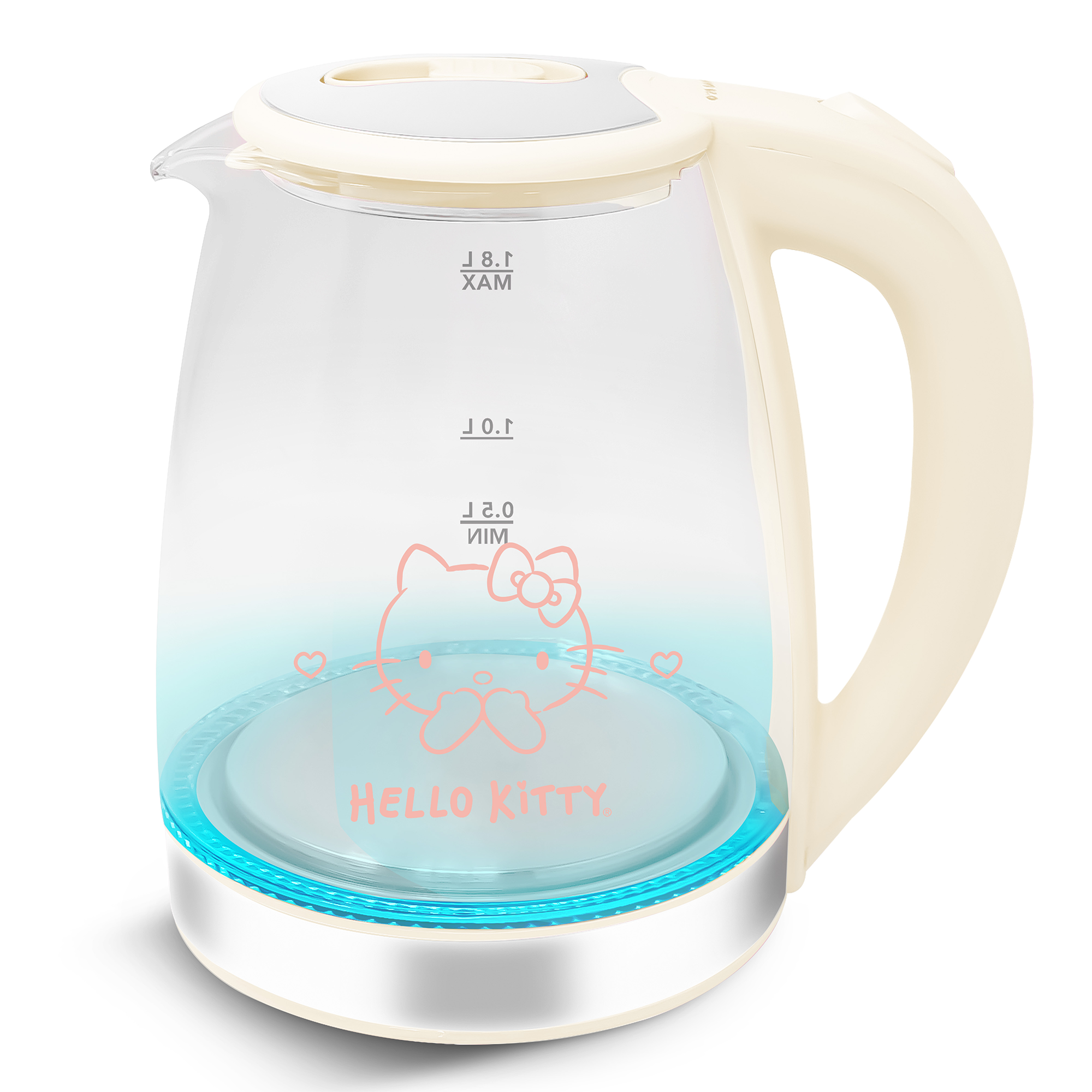 SANRIO Tetera Eléctrica Hello Kitty HK-328W 1.8L vidrio, LED, autoapagado, base 360°, hervido rápido para té y café