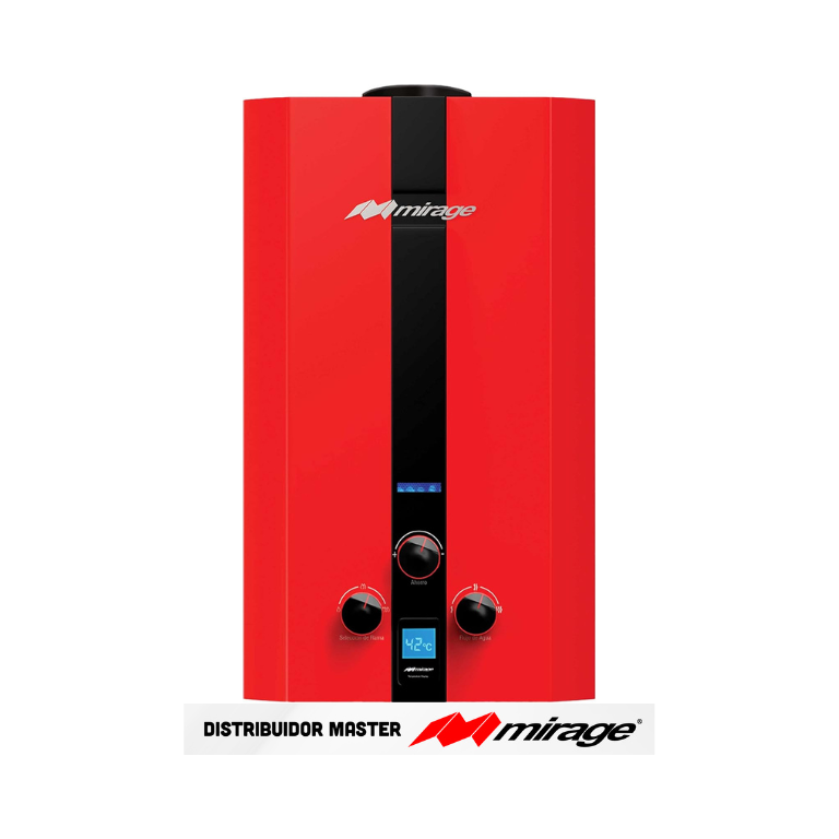 Boiler gas NATURAL Mirage, Serie FLUX, 16L/min, Baja Presion de Agua, Color Rojo.
