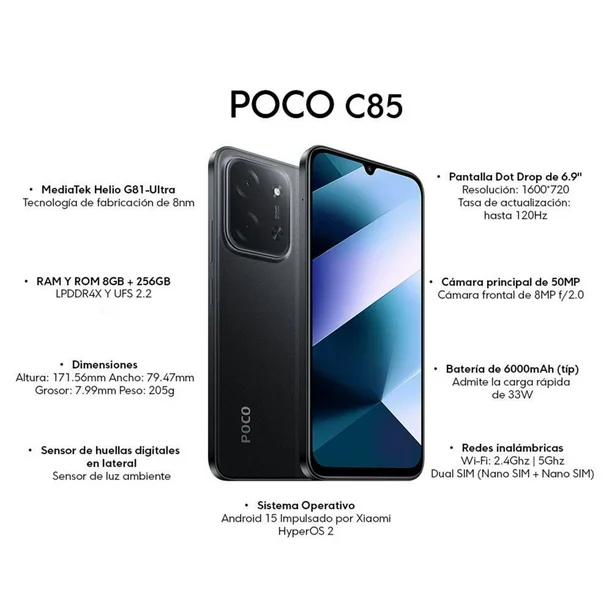 Celular Poco C85 256GB+8GB RAM Negro