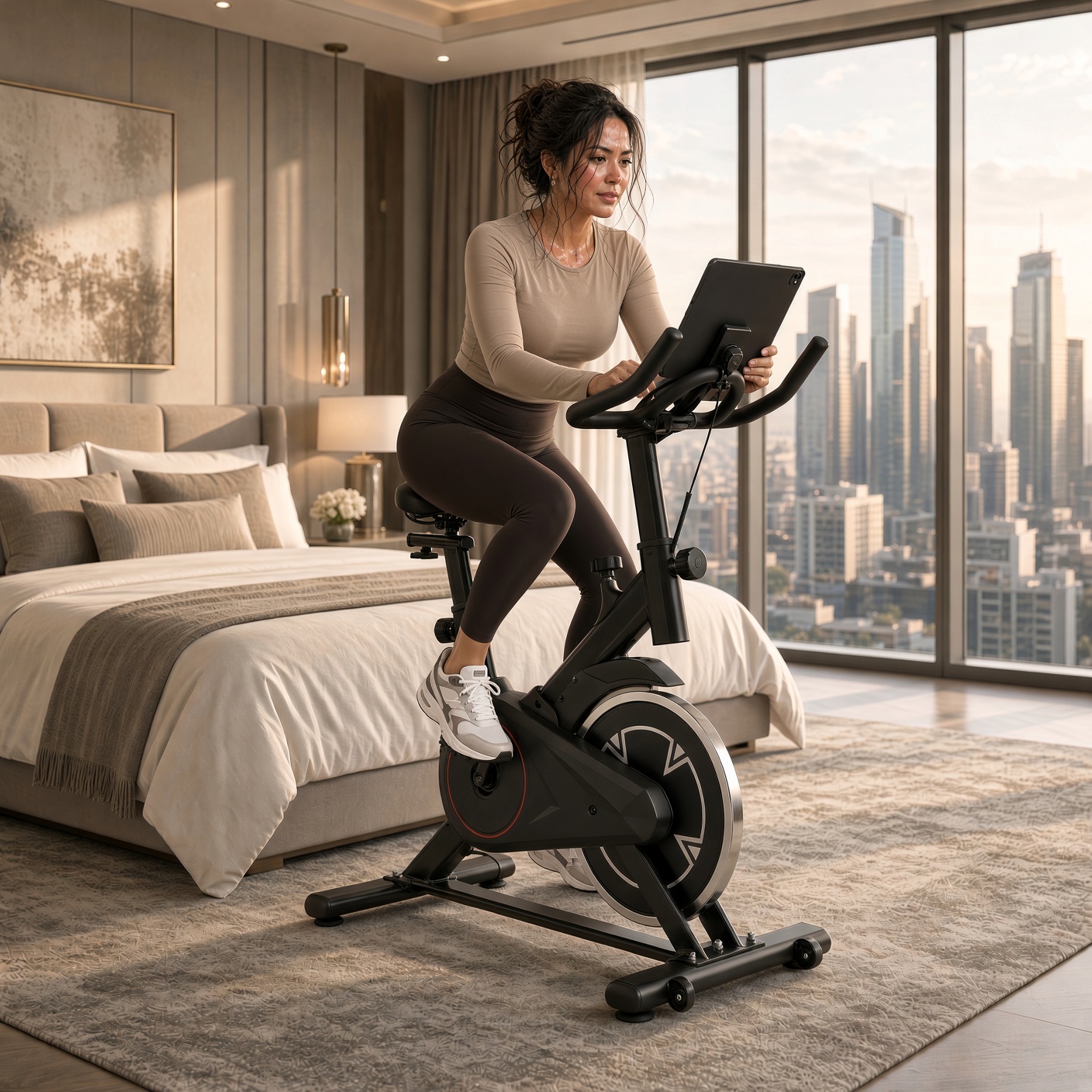 Bicicleta de Spinning Compacta Svelfik, 4 kg, Monitor LCD y Soporte para Celular, Soporta 100 kg, Negra