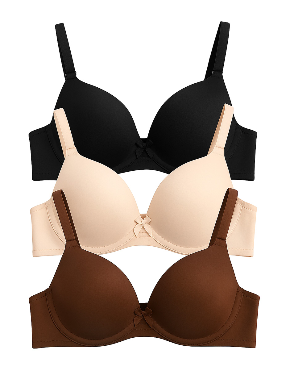 Paquete de 3 Brasieres Doble Push Up, Aumenta hasta dos tallas incluye 6 Colores Diferentes 