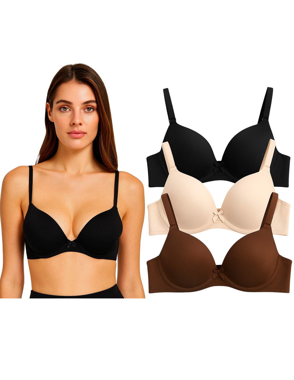 Paquete de 3 Brasieres Doble Push Up, Aumenta hasta dos tallas incluye 6 Colores Diferentes 