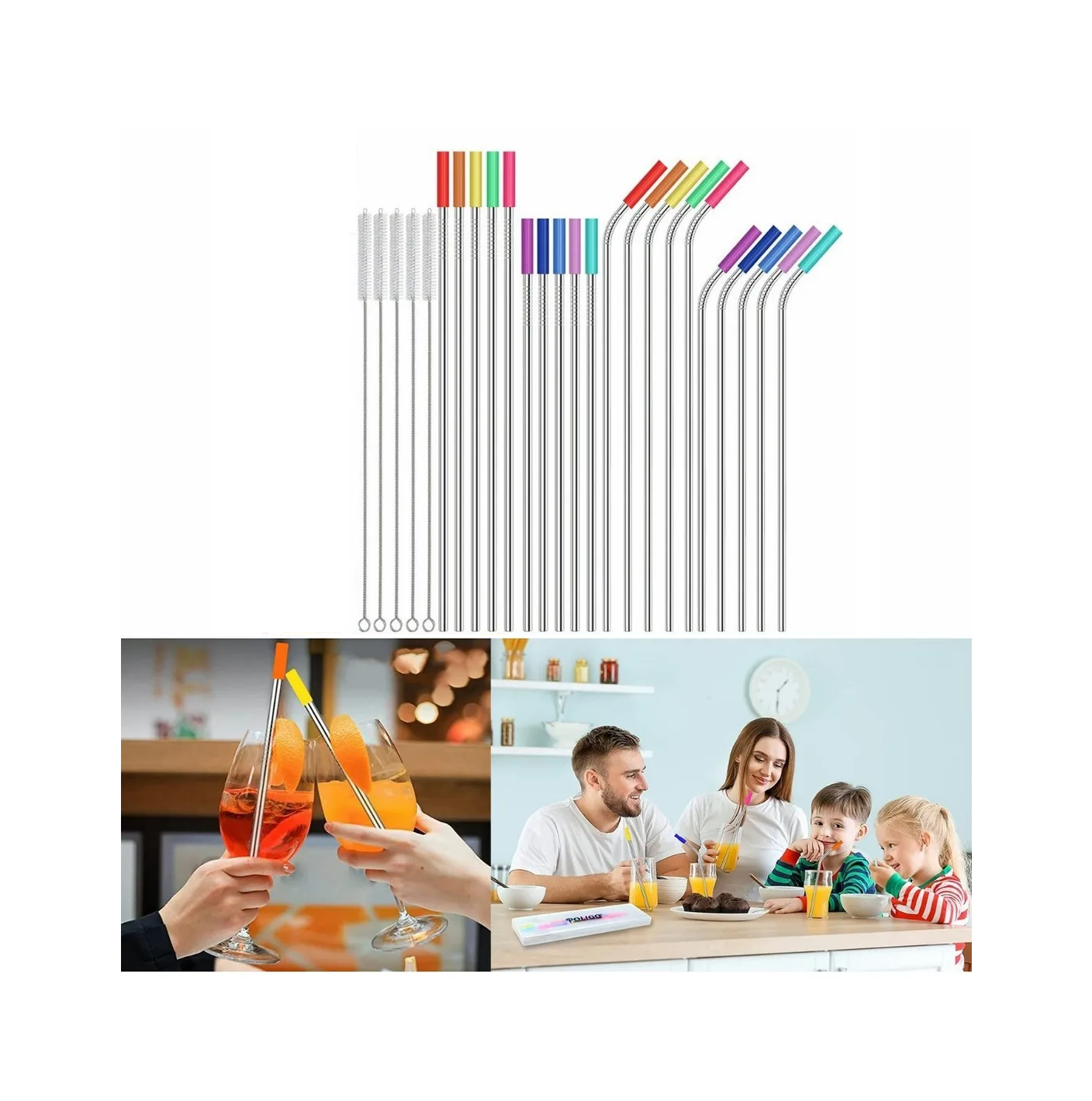 Set Popotes Acero Inoxidable Con Silicona Y Cepillos 37 Pzs