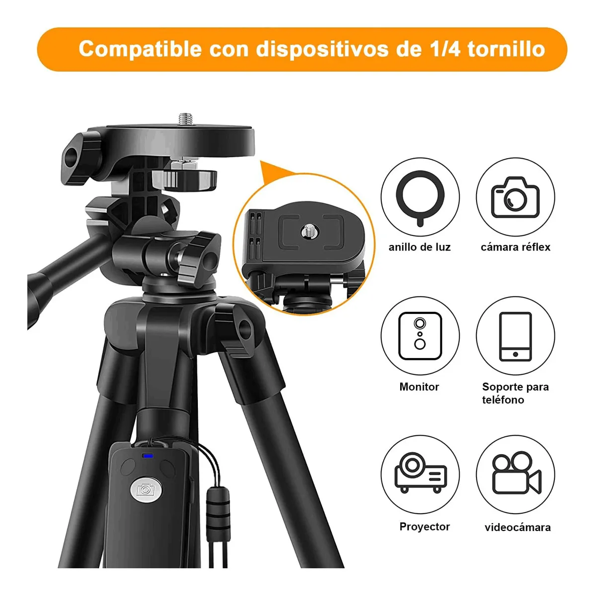 Tripie Para Cámara Y Celular Con Control Remoto negro