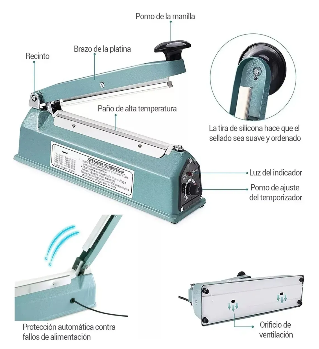 Sellador De Bolsas Máquina De Selladora Térmico 20cm 450w verde