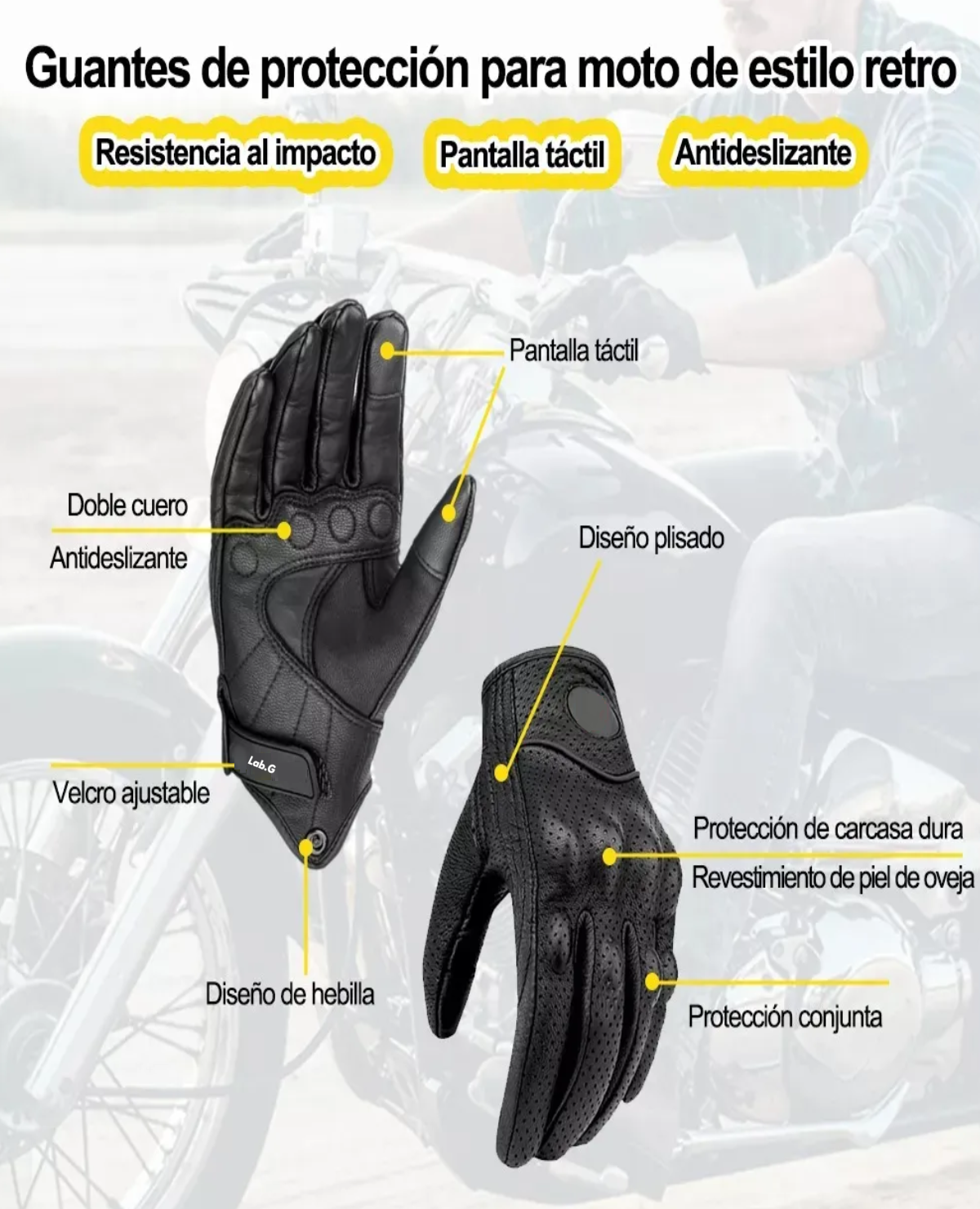 Guantes De Moto 100% Cabra Piel Táctil Talla G Con Agujero