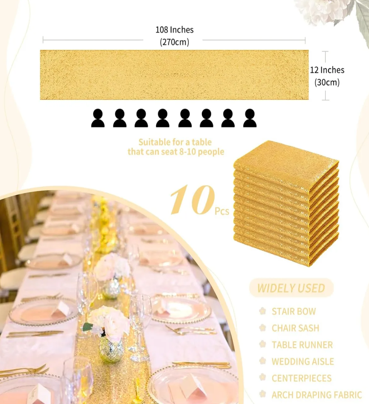 Camino De Mesa Con Lentejuelas 10 pzs Dorado