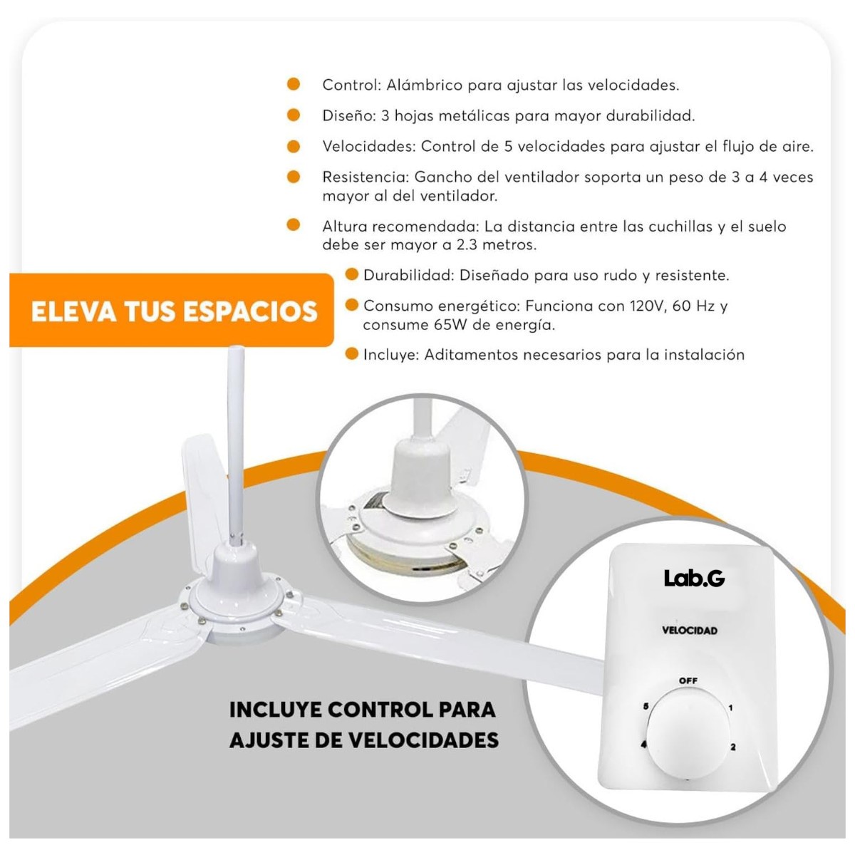 Ventilador Techo Abanico Moderno Aspas Metálicas Hogar blanco