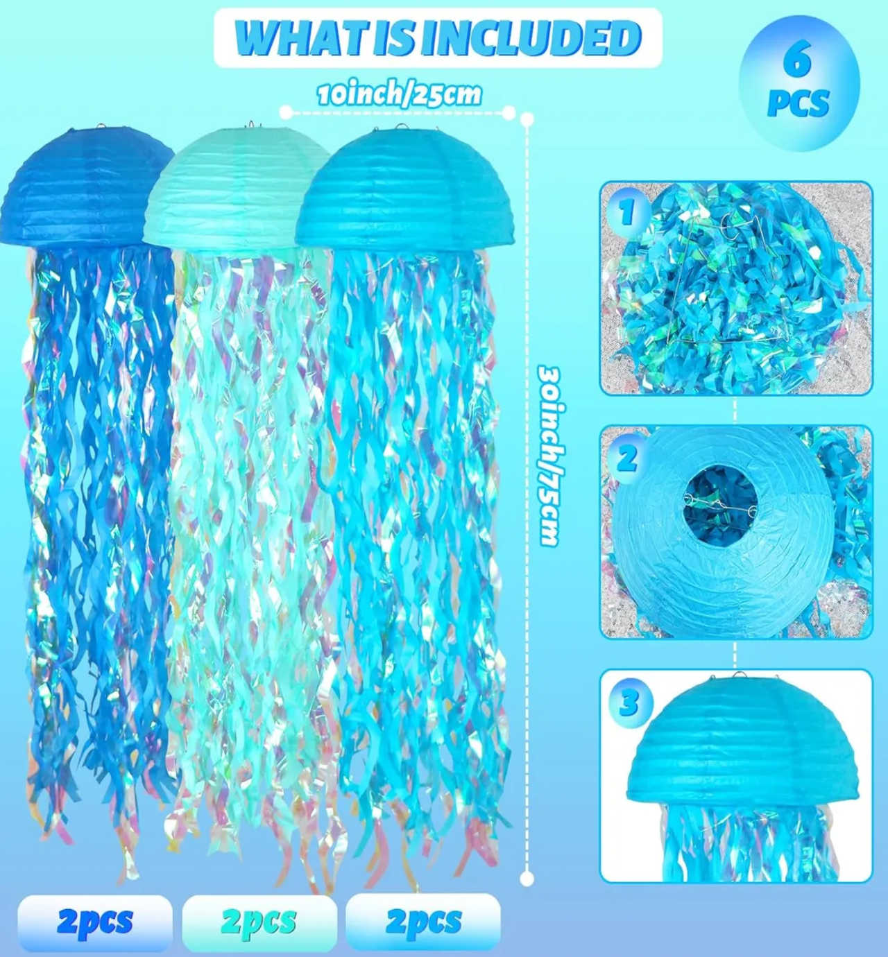 6pcs Fiesta En El Océano Con Farolillos De Papel De Medusas Azul