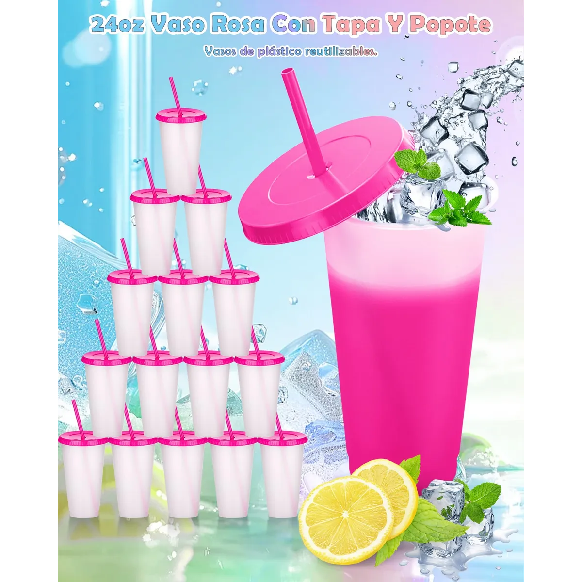 Vasos Mágicos Plastico Vasos Con Popote Y Tapa 710ml 15pzs ROSA