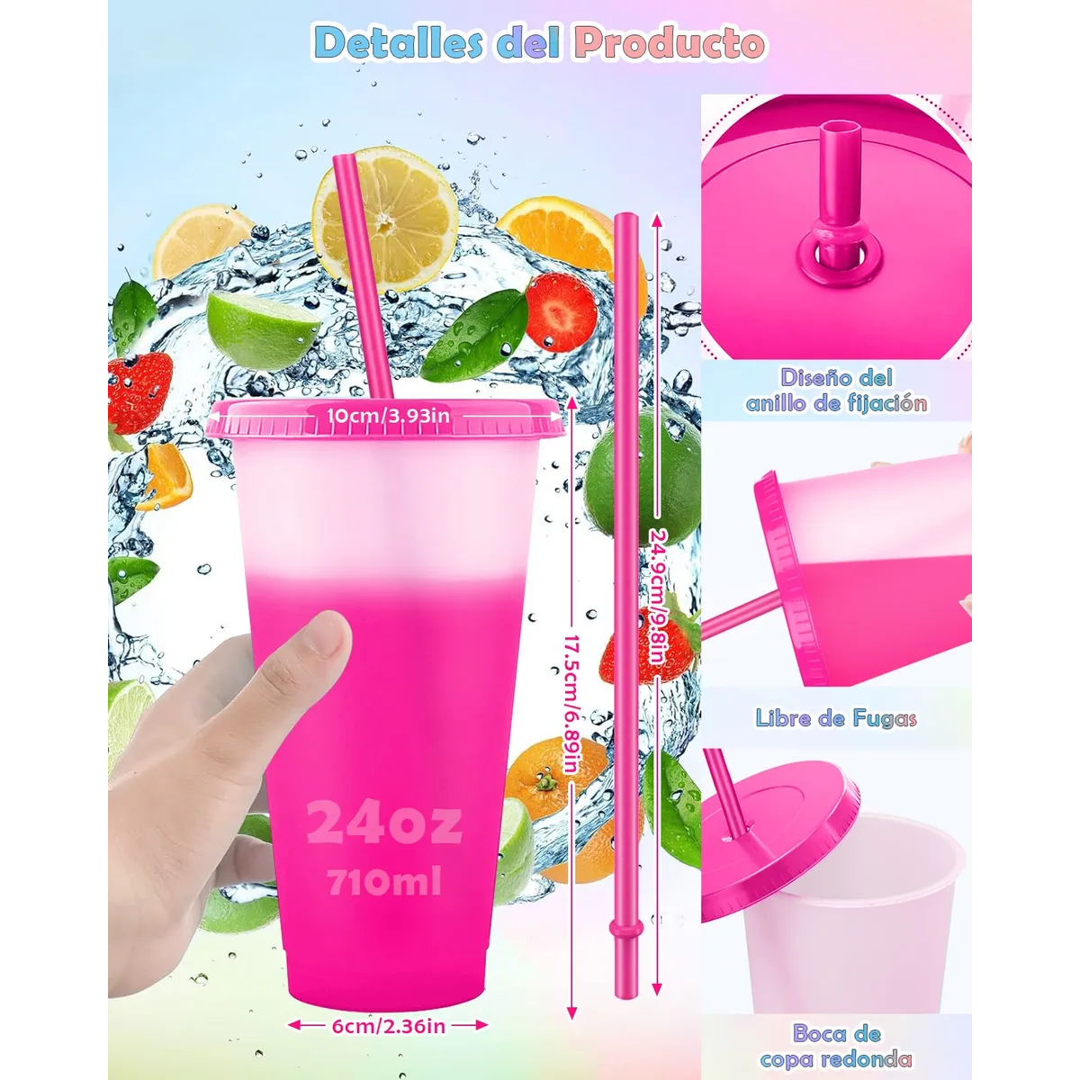 Vasos Mágicos Plastico Vasos Con Popote Y Tapa 710ml 15pzs ROSA