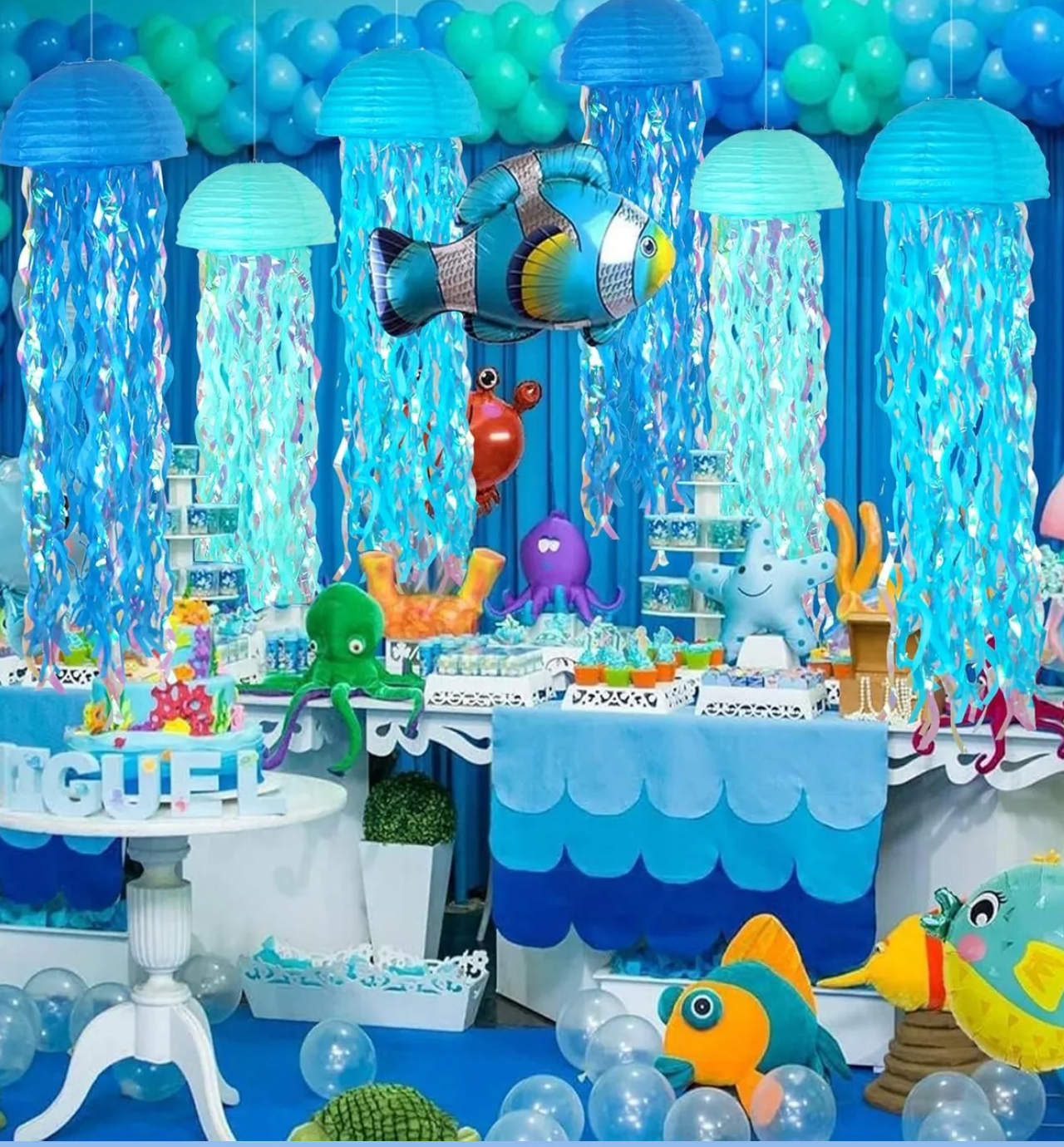 6pcs Fiesta En El Océano Con Farolillos De Papel De Medusas Azul