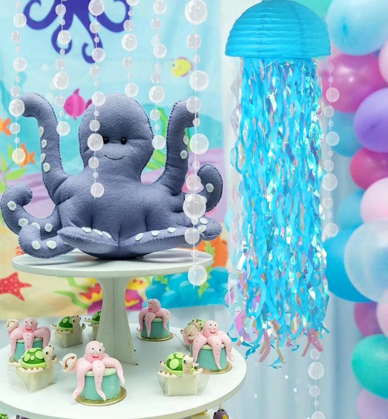 6pcs Fiesta En El Océano Con Farolillos De Papel De Medusas Azul