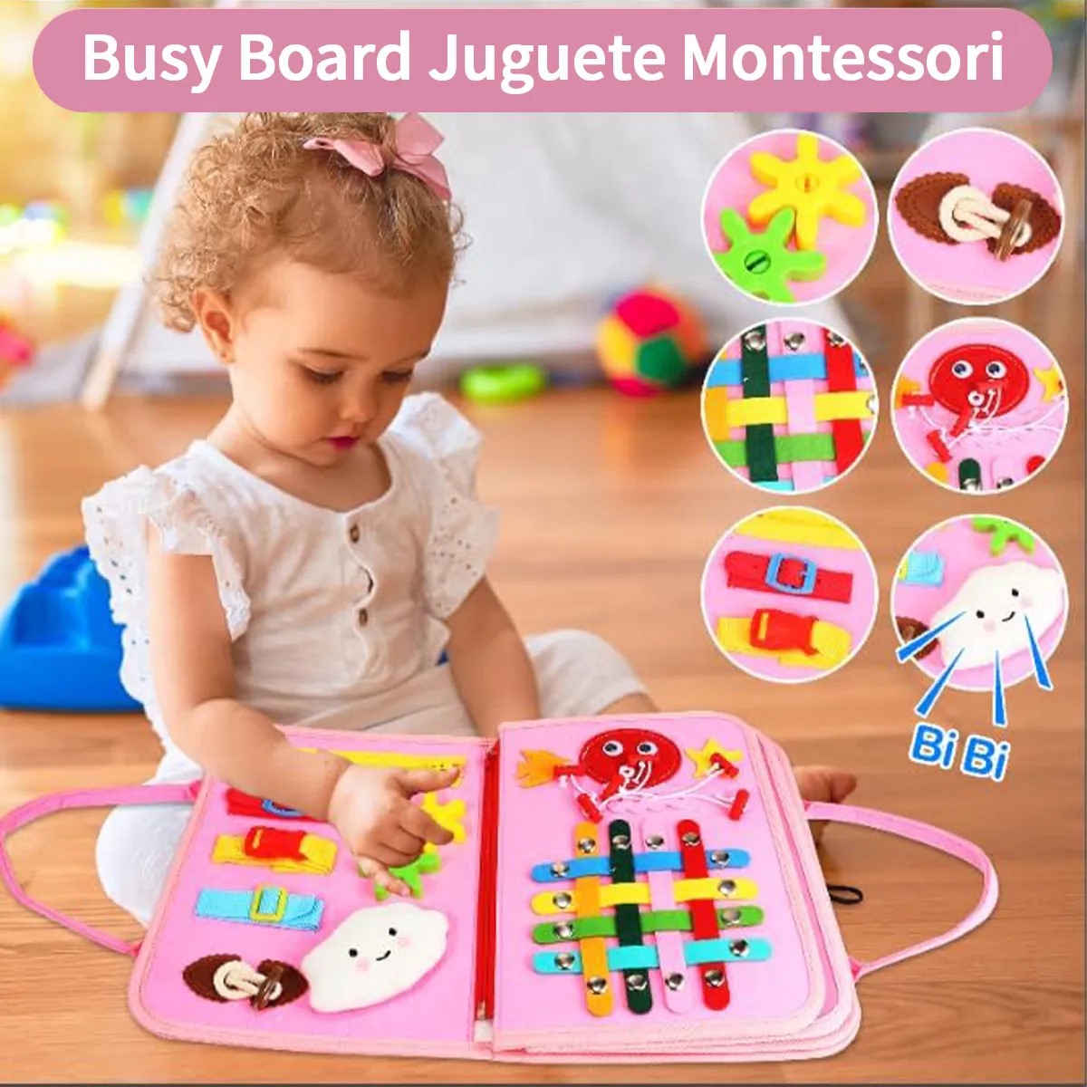 Tablero Sensorial De Fieltro – Libro De Actividades Para Niños 28x23cm, 6 Funciones, Habilidades Motoras Finas, Juguete De Viaje Portátil