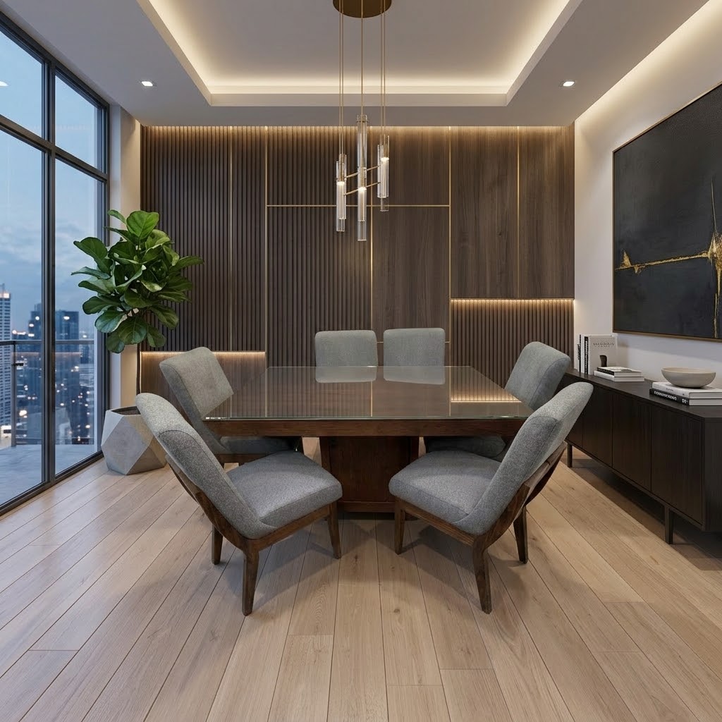 Antecomedor rectangular con cubierta de vidrio y 6 sillas tapizadas Muebles R21