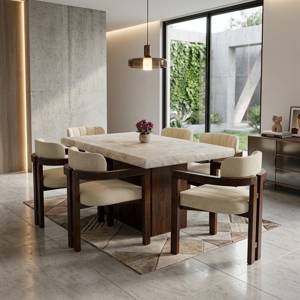 Comedor moderno con mesa cubierta Onix y 6 sillas tapizadas Muebles R21 