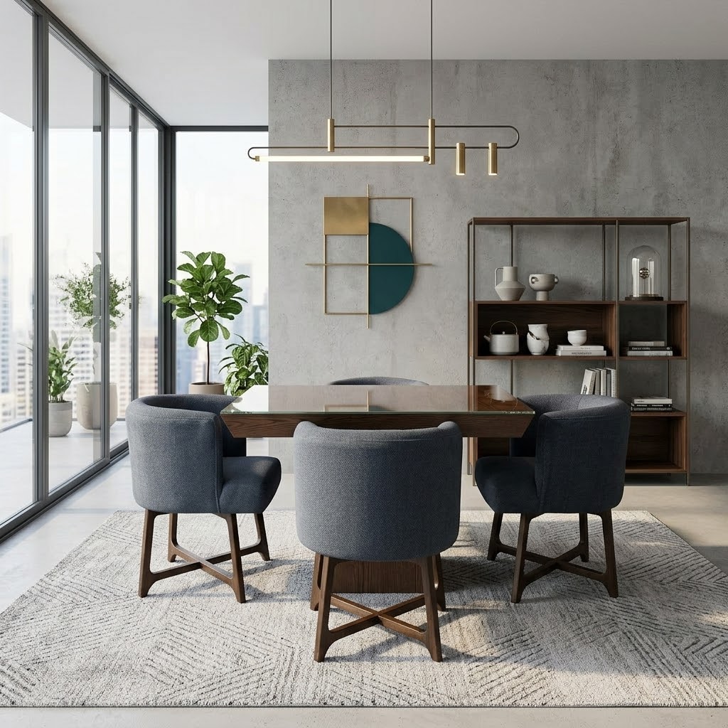 Comedor rectangular con cubierta de vidrio y 4 sillas tapizadas Muebles R21