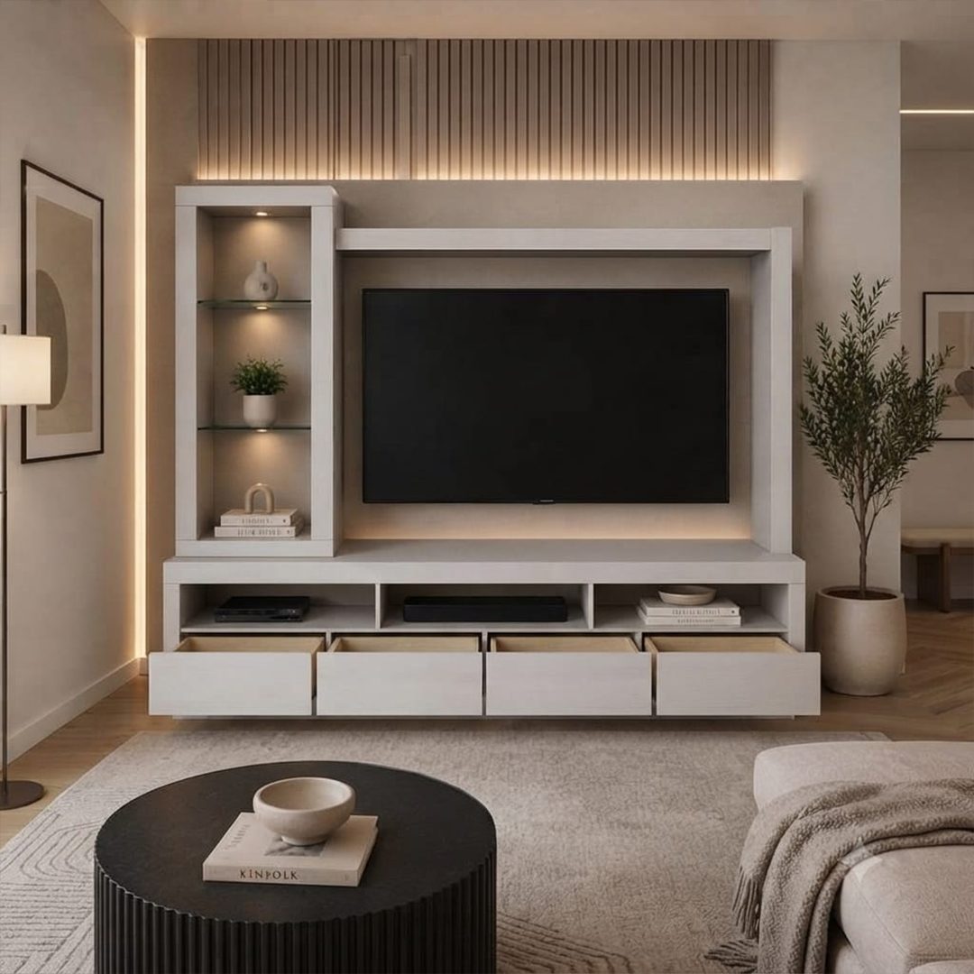 Centro de Entretenimiento para TV Iktan Moderno Gris con Vidrio y 4 Cajones Muebles R21