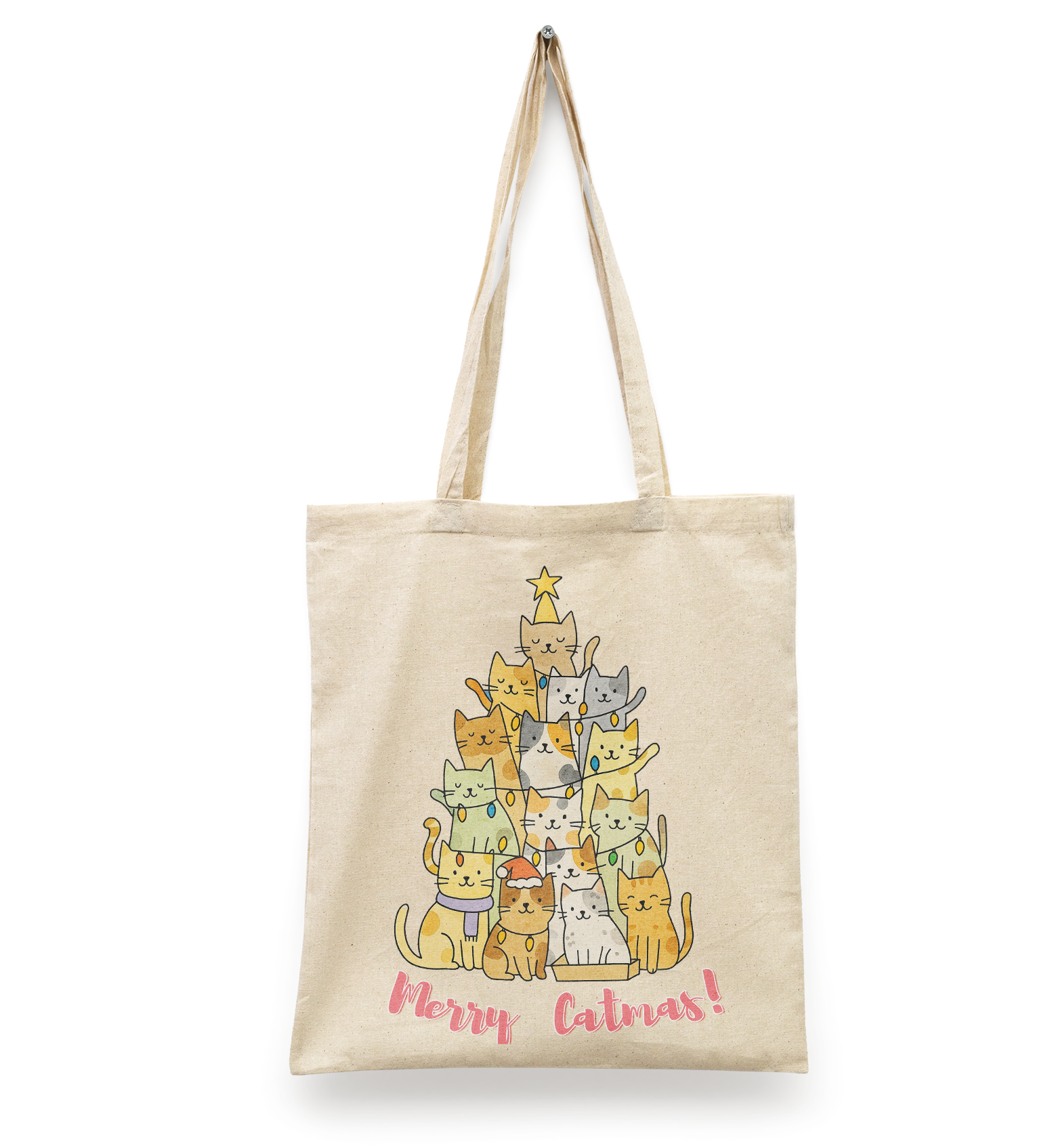 Tote Bag Merry Catmas! I navidad I frase creativa | gato lover | manta beige | Diseño Dtf | Ligera, reusable