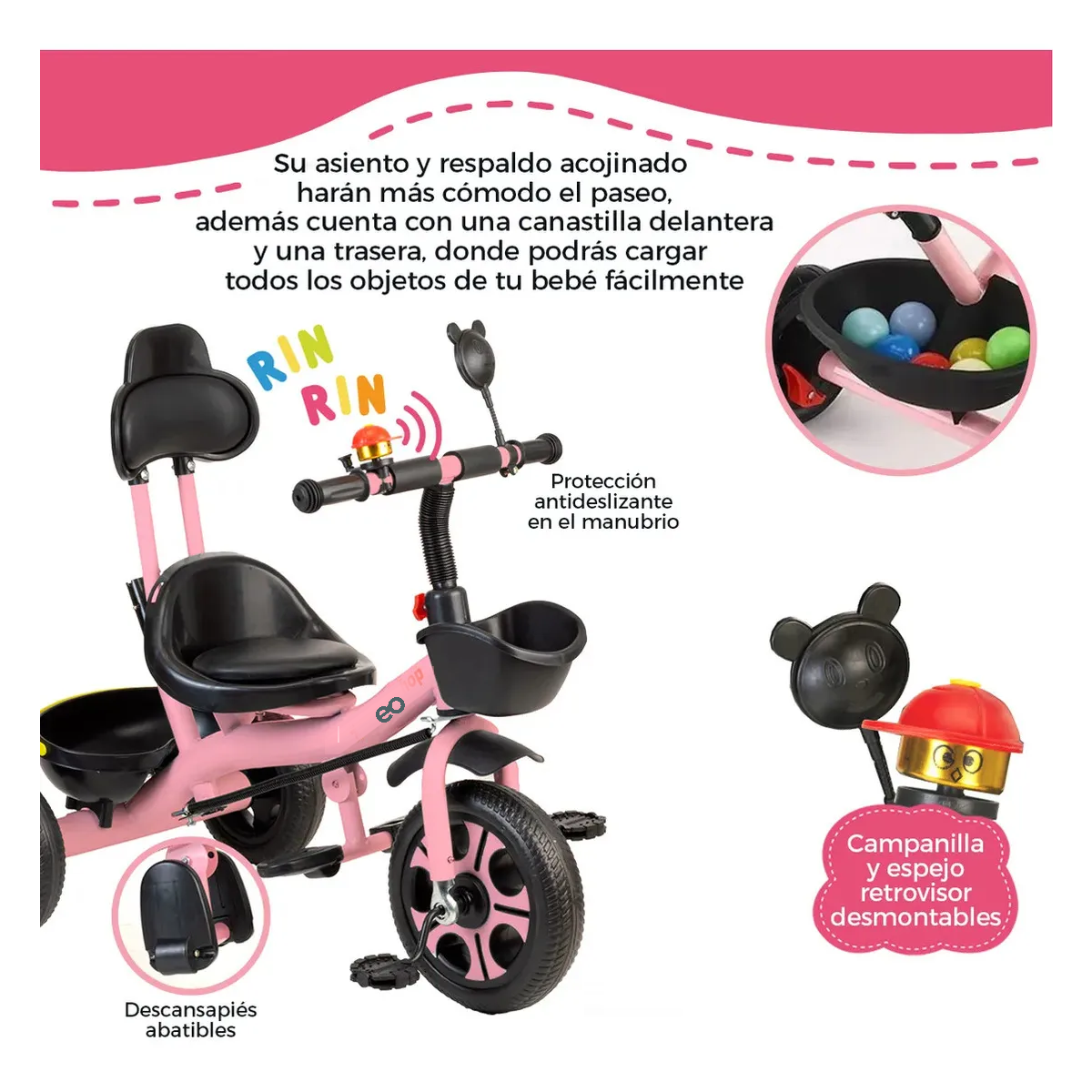 Triciclo Bicicleta Infantil Carriola Bebe Paseo Con Cajuela Color Rosa