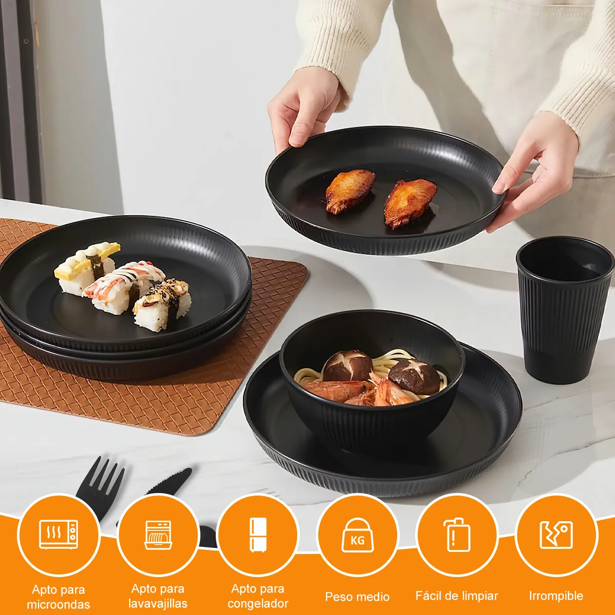 Juego De Vajilla Taza Vajilla Negra 62pz