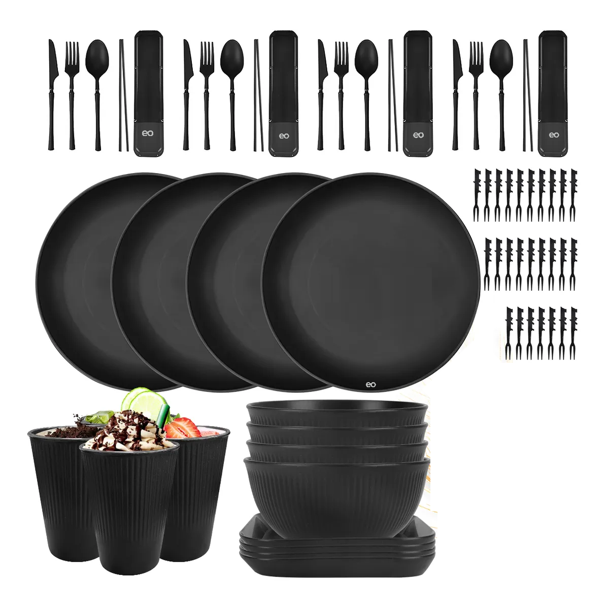 Juego De Vajilla Taza Vajilla Negra 62pz