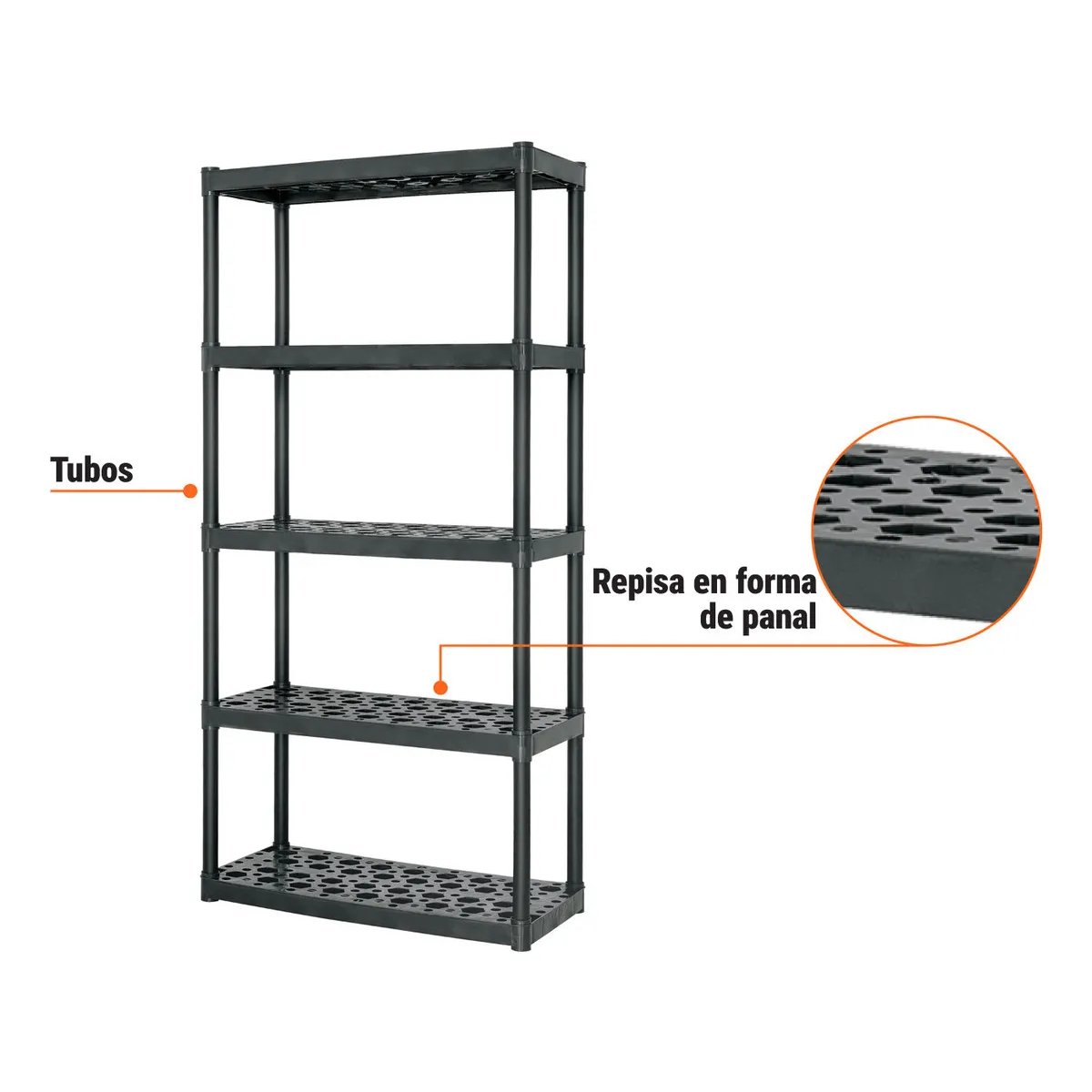 Estante plástico, 5 repisas, carga 70 kg, medidas 185x43x91 cm