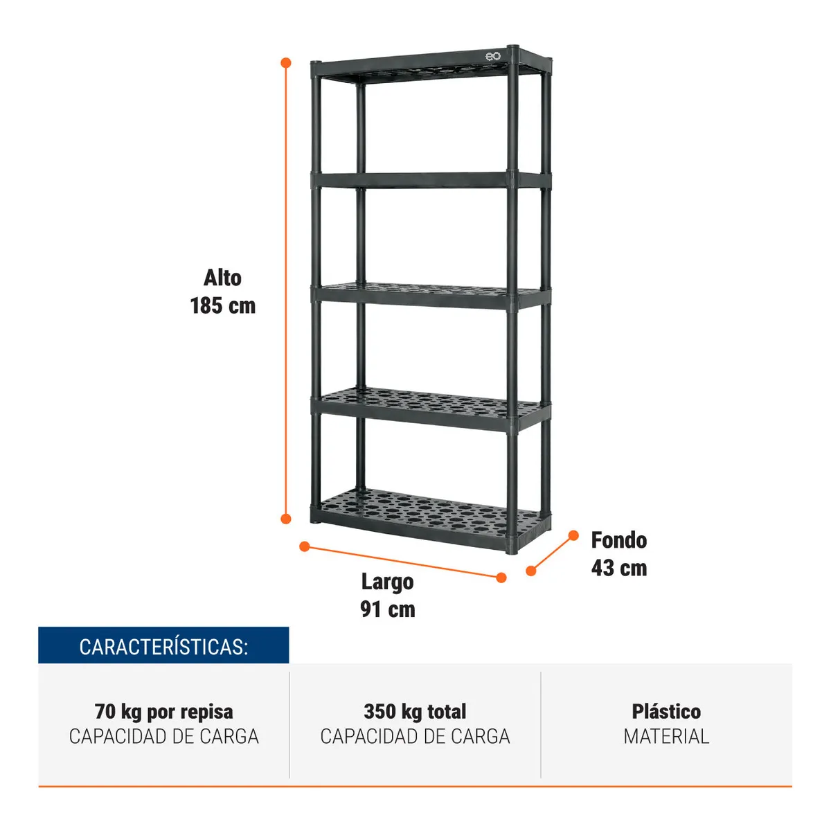 Estante plástico, 5 repisas, carga 70 kg, medidas 185x43x91 cm