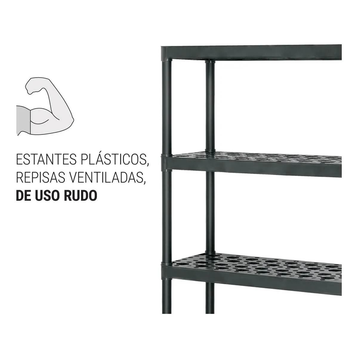 Estante plástico, 5 repisas, carga 70 kg, medidas 185x43x91 cm