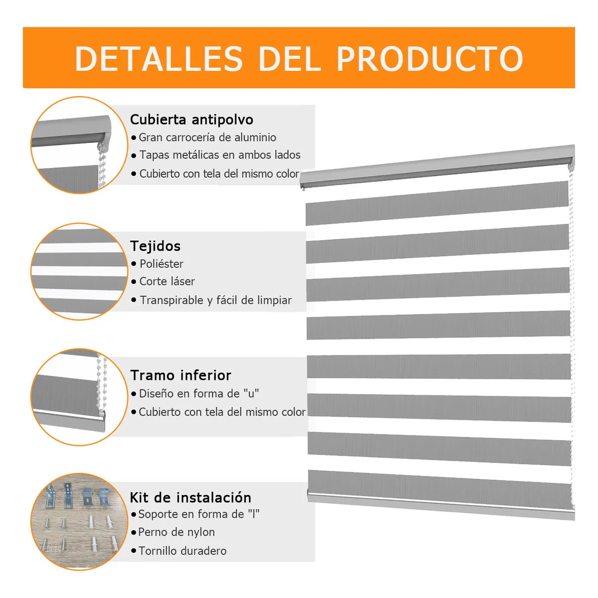 Persiana Doble Capa 100x200 Cm Enrollable Gris