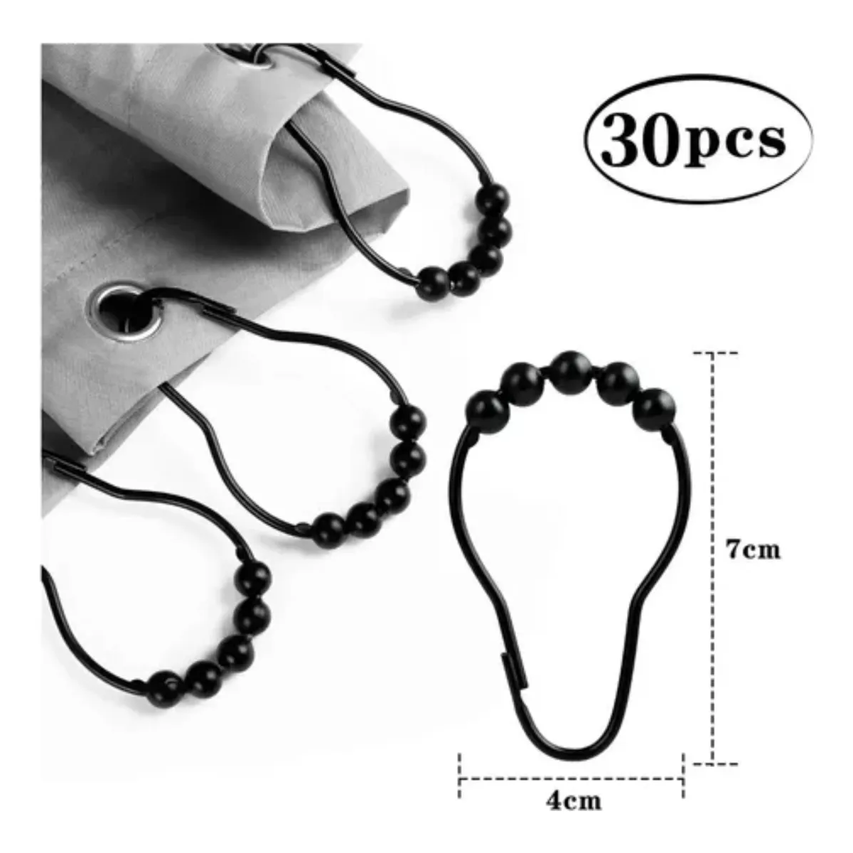 Kit De 30 Ganchos Metálicos Negros Para Cortinas De Baño