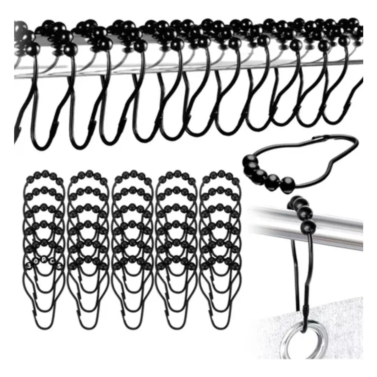 Kit De 30 Ganchos Metálicos Negros Para Cortinas De Baño