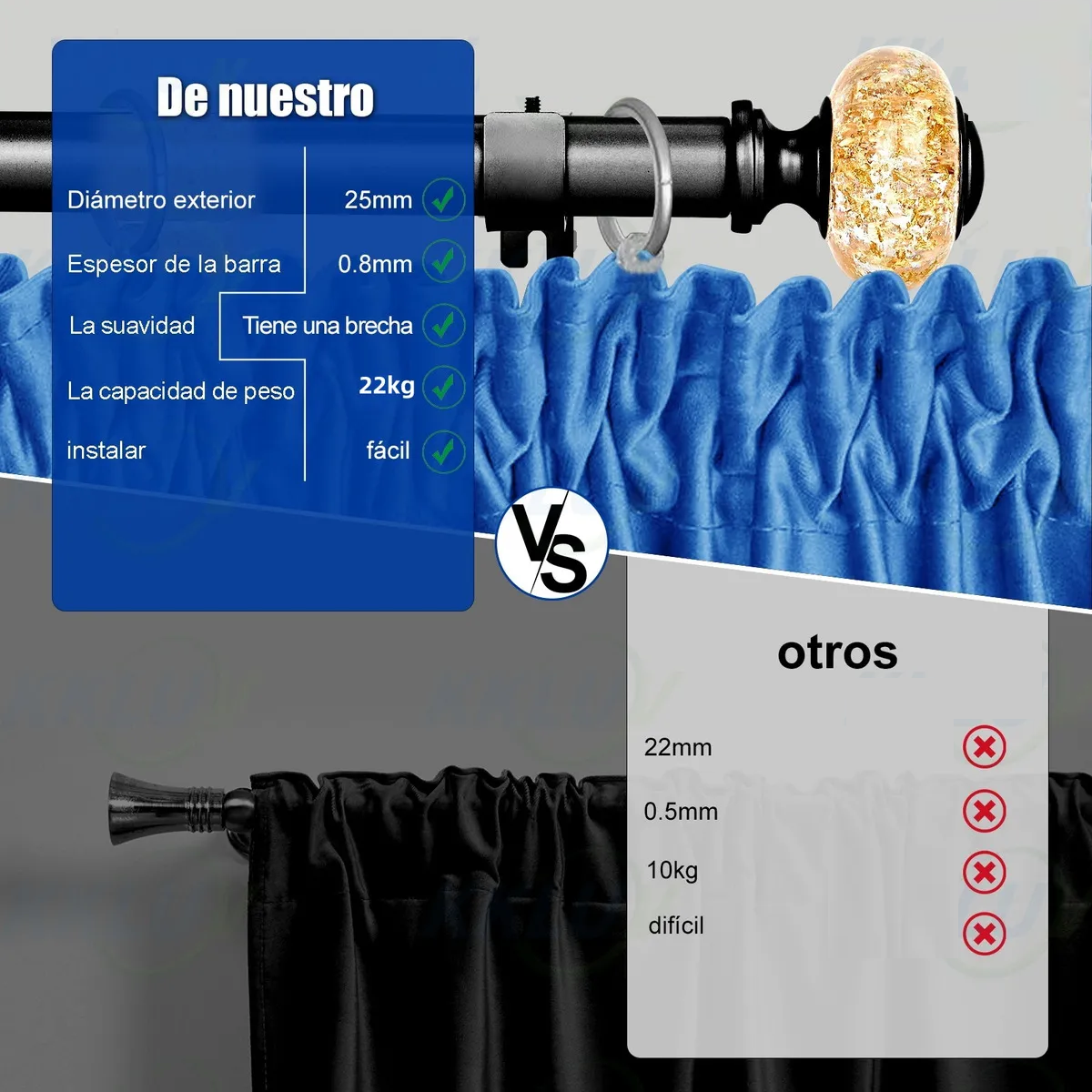 Cortineros De Metal Barra De Cortina Ajustable De 80 A 235cm Cristal Negro