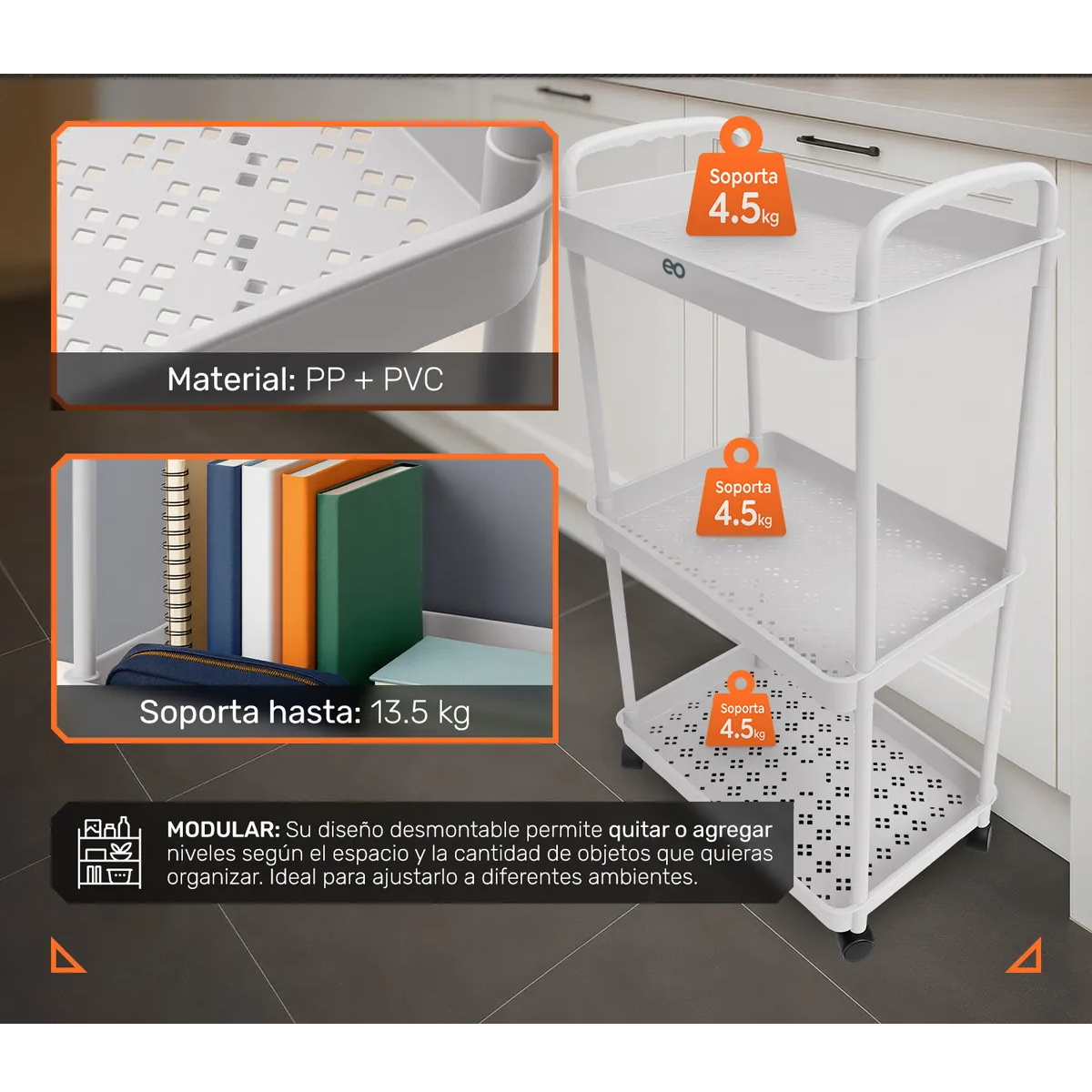 Carrito Organizador Multiusos 3 Niveles 4 Cestos Y Ganchos Blanco
