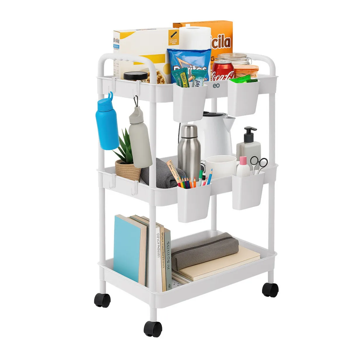 Carrito Organizador Multiusos 3 Niveles 4 Cestos Y Ganchos Blanco